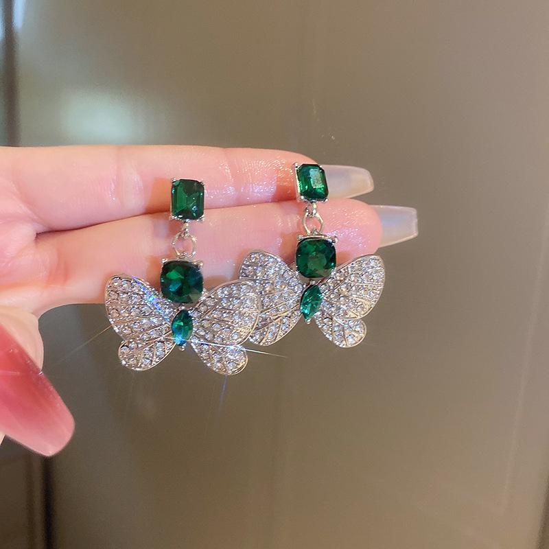 Silver Green Butterfly-Elegant Retro Geometric Water Droplet Earrings