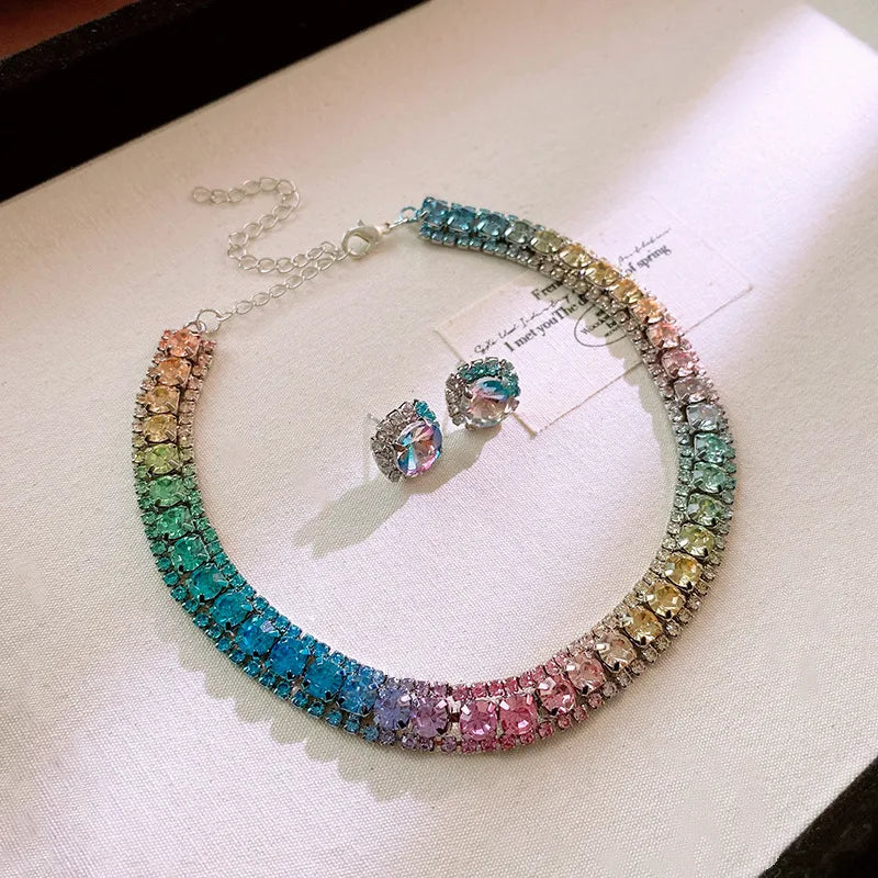 Rainbow Beads Necklace with Earring (SET)-Rhinestones