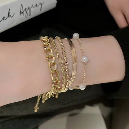 5Pcs Chain Bracelets Set Gold Plated