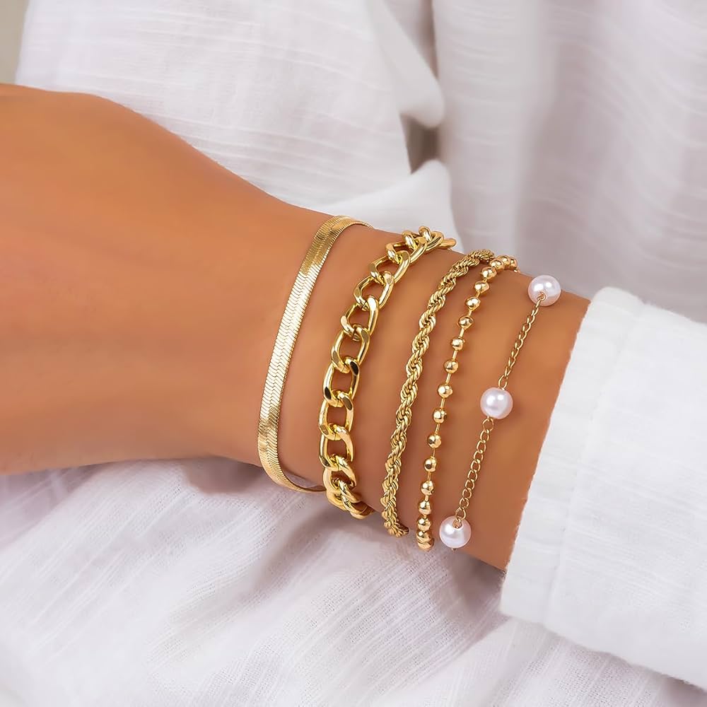 5Pcs Chain Bracelets Set Gold Plated