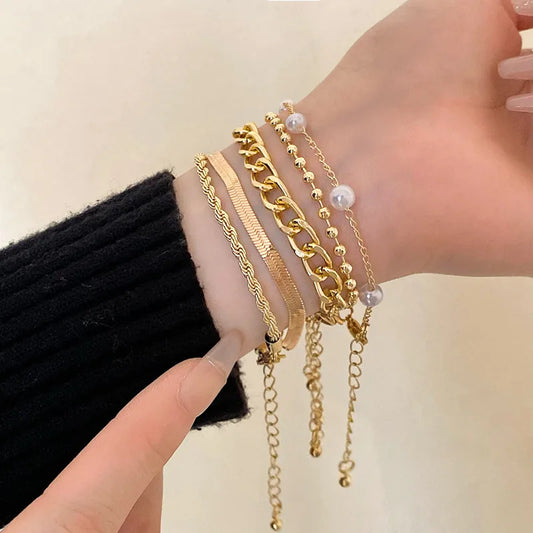 5Pcs Chain Bracelets Set Gold Plated