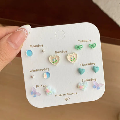 Set of 7 days a week– 925 Silver Needles Butterfly Knot Studs