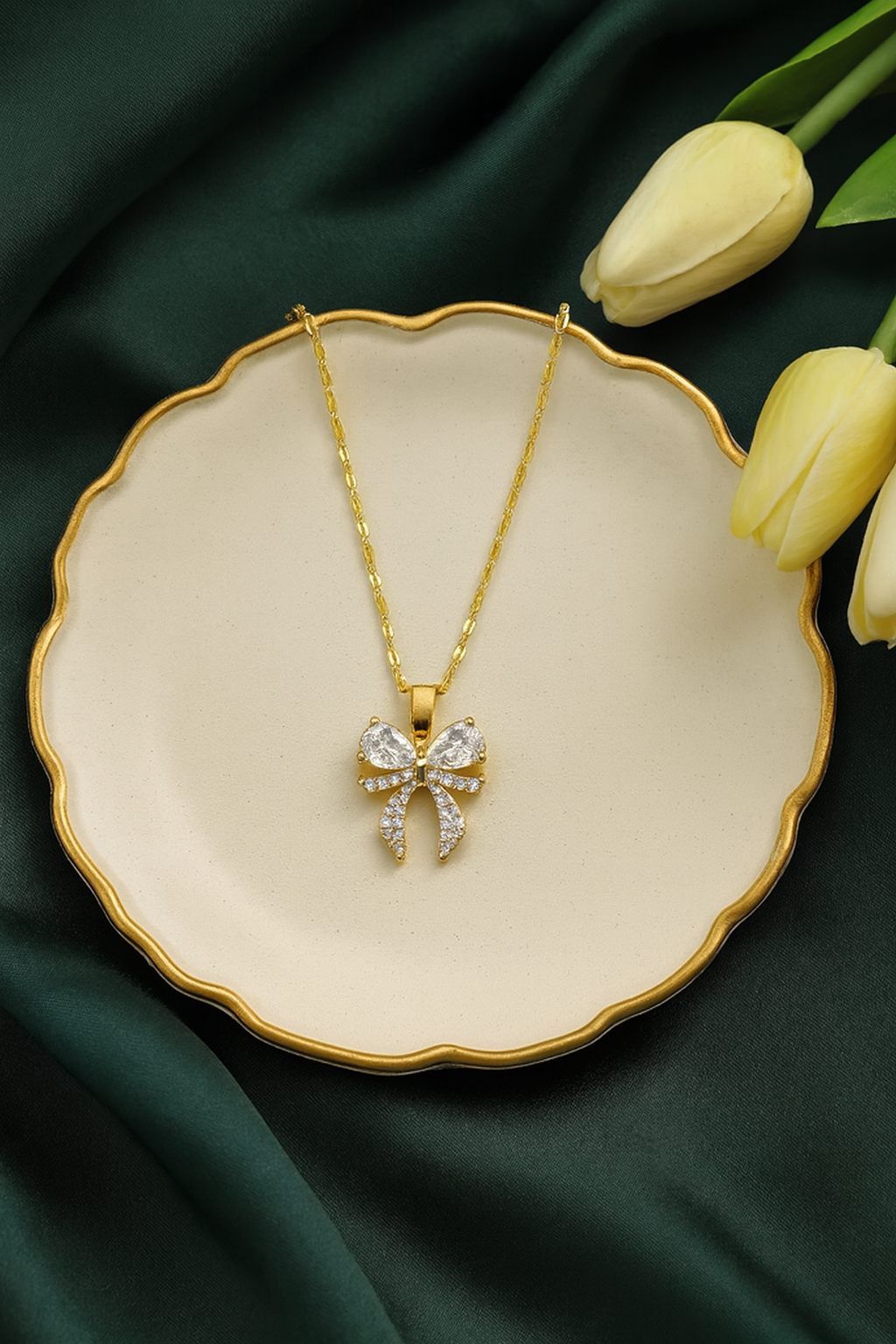 Stainless Golden ribbon and Zircon Gold Pendant Necklace