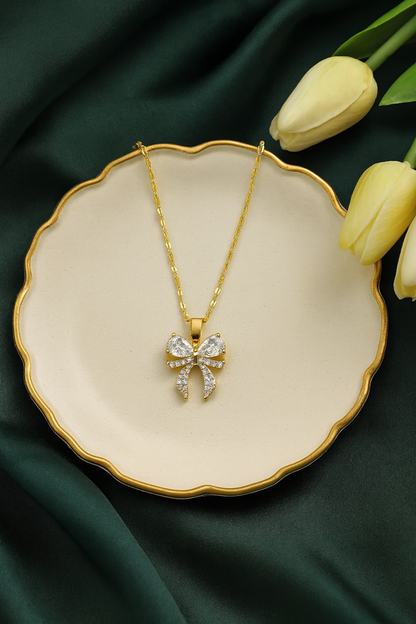 Stainless Golden ribbon and Zircon Gold Pendant Necklace