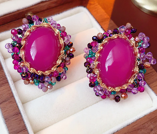 Big Oval Gemstone Cluster Gold Framed Earring | Premium Good |