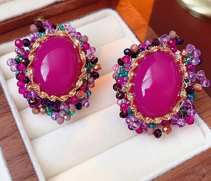 Big Oval Gemstone Cluster Gold Framed Earring | Premium Good |