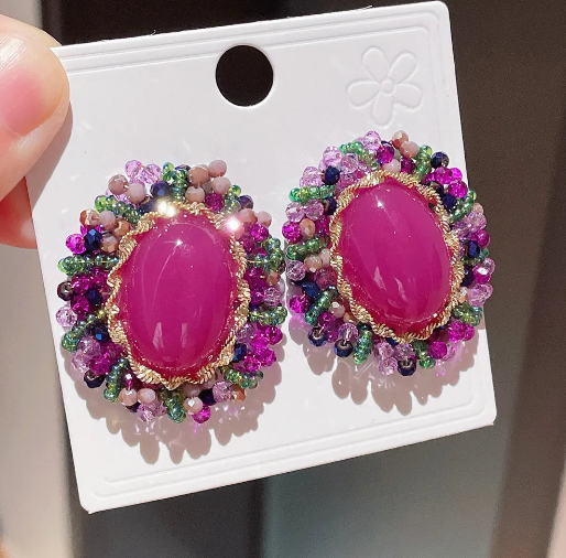 Big Oval Gemstone Cluster Gold Framed Earring | Premium Good |