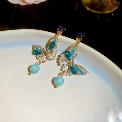 Blue Boho style Butterfly tassel large Earrings