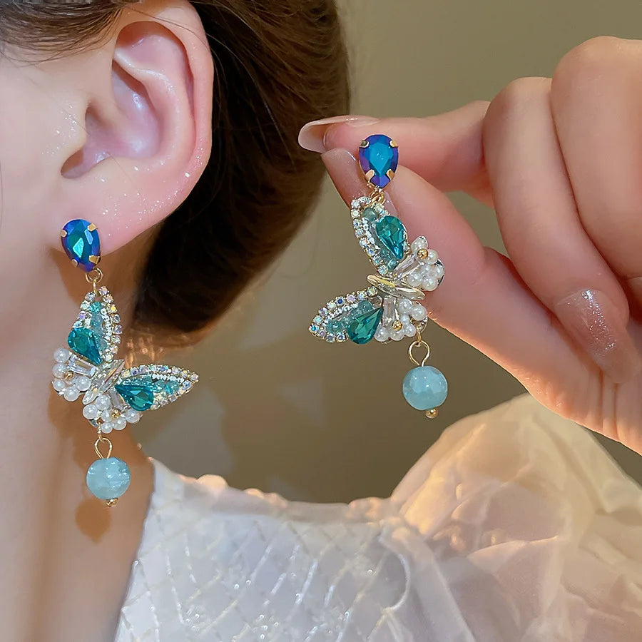 Blue Boho style Butterfly tassel large Earrings