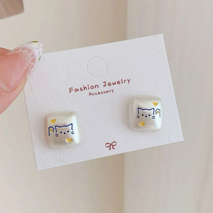 White Cute Cat Studs -Silver Needle & Resin