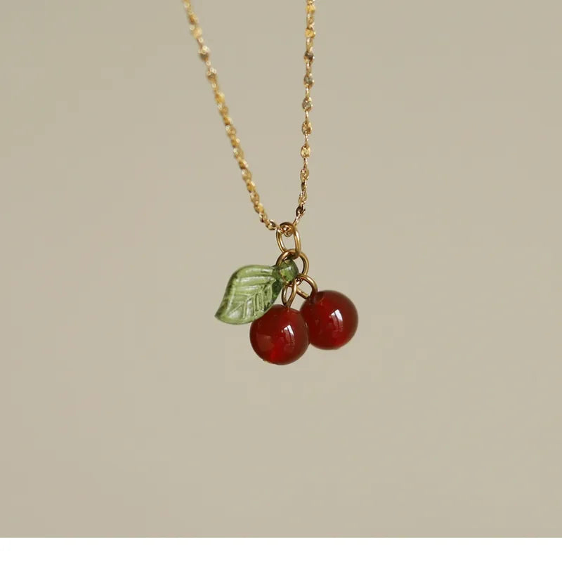 Retro Cherry 304 Stainless Steel Resin 18K Gold Plated Plating Stainless-Steel Necklaces