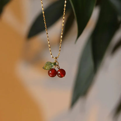 Retro Cherry 304 Stainless Steel Resin 18K Gold Plated Plating Stainless-Steel Necklaces
