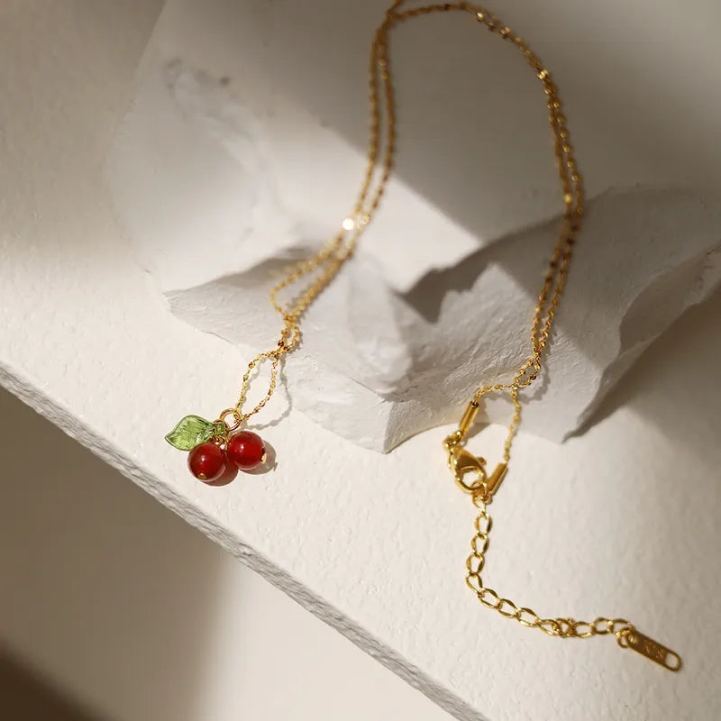 Retro Cherry 304 Stainless Steel Resin 18K Gold Plated Plating Stainless-Steel Necklaces