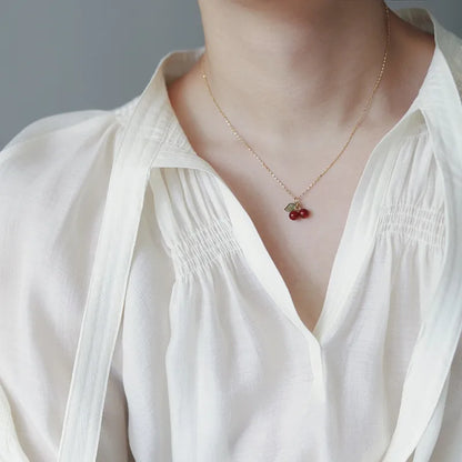 Retro Cherry 304 Stainless Steel Resin 18K Gold Plated Plating Stainless-Steel Necklaces