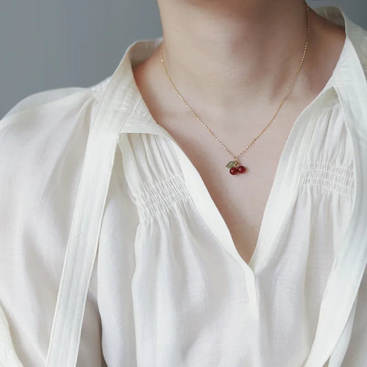 Retro Cherry 304 Stainless Steel Resin 18K Gold Plated Plating Stainless-Steel Necklaces