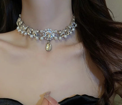 Pearl Diamond Water Drop Flower Choker