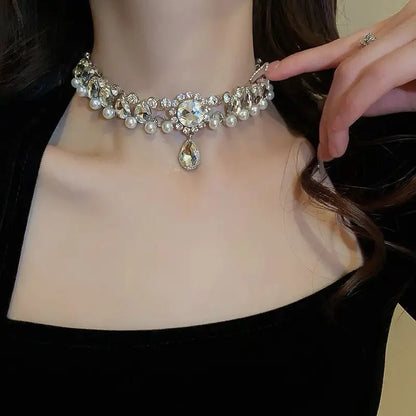 Pearl Diamond Water Drop Flower Choker