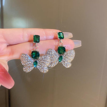 Silver Green Butterfly-Elegant Retro Geometric Water Droplet Earrings