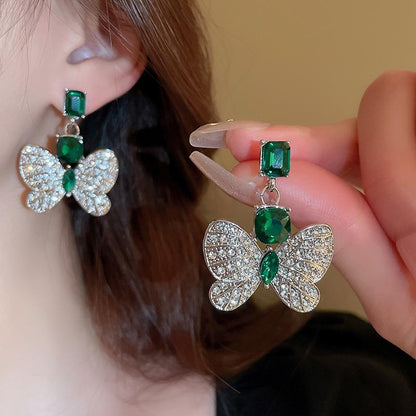 Silver Green Butterfly-Elegant Retro Geometric Water Droplet Earrings