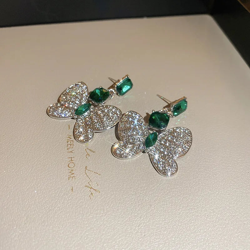 Silver Green Butterfly-Elegant Retro Geometric Water Droplet Earrings