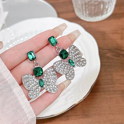 Silver Green Butterfly-Elegant Retro Geometric Water Droplet Earrings