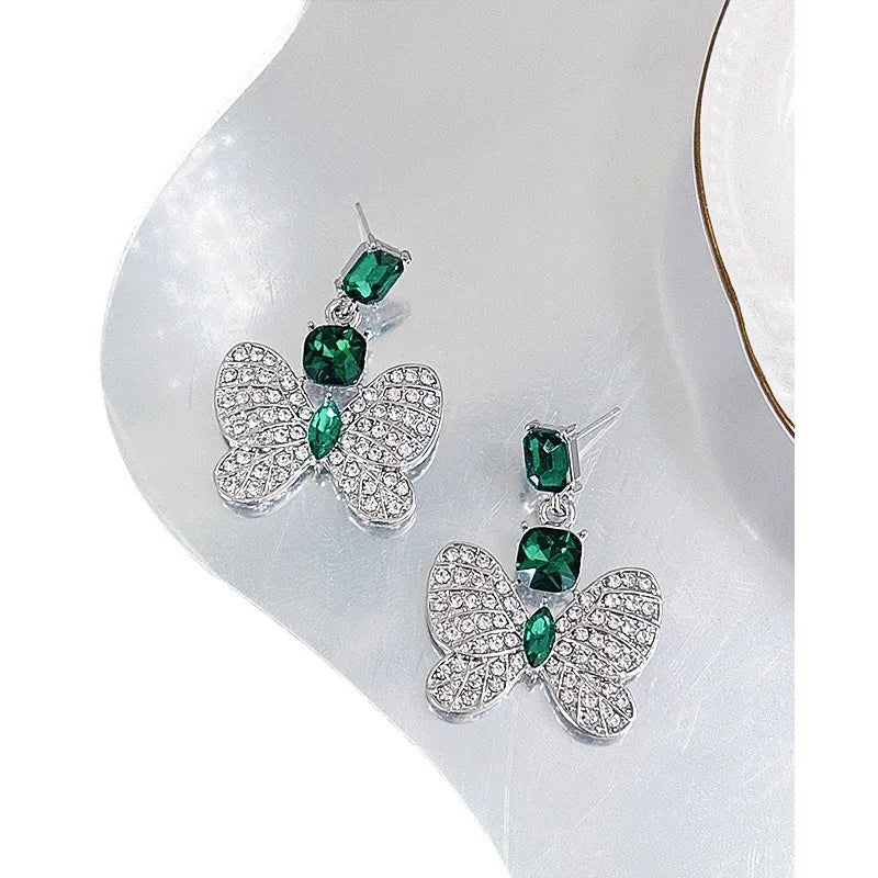 Silver Green Butterfly-Elegant Retro Geometric Water Droplet Earrings
