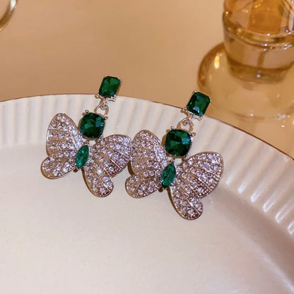 Silver Green Butterfly-Elegant Retro Geometric Water Droplet Earrings