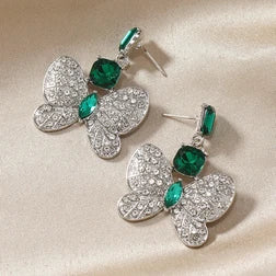 Silver Green Butterfly-Elegant Retro Geometric Water Droplet Earrings