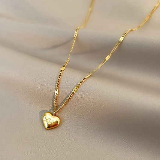 Heart Titanium Steel -Gold Snake Chain Necklace