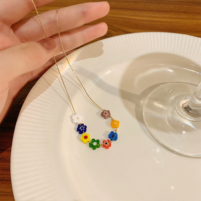 Soft Aesthetic Mini Bead Flowers Necklace