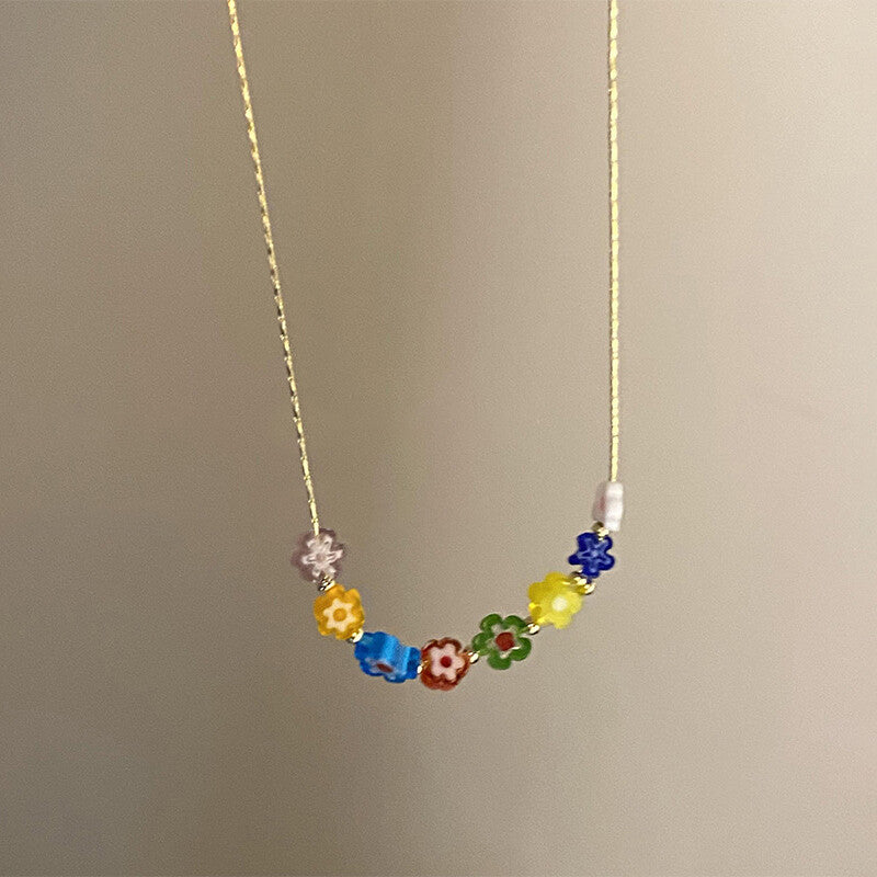 Soft Aesthetic Mini Bead Flowers Necklace