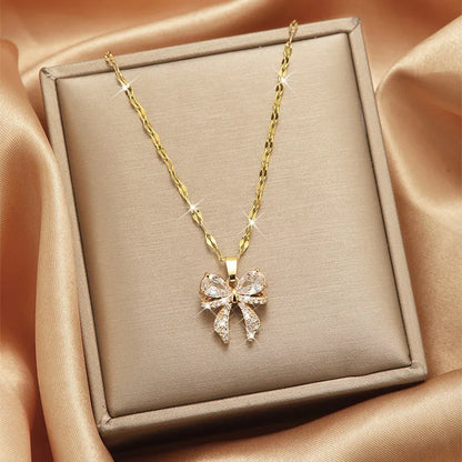 Stainless Golden ribbon and Zircon Gold Pendant Necklace