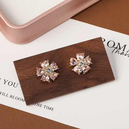 Silver Needle Diamond Crystal Cat's Eye Flower Earrings