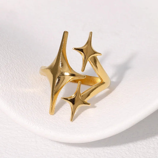 304 Stainless Steel Star Ring -PVD Coated Stone-Free Real Gold Plated